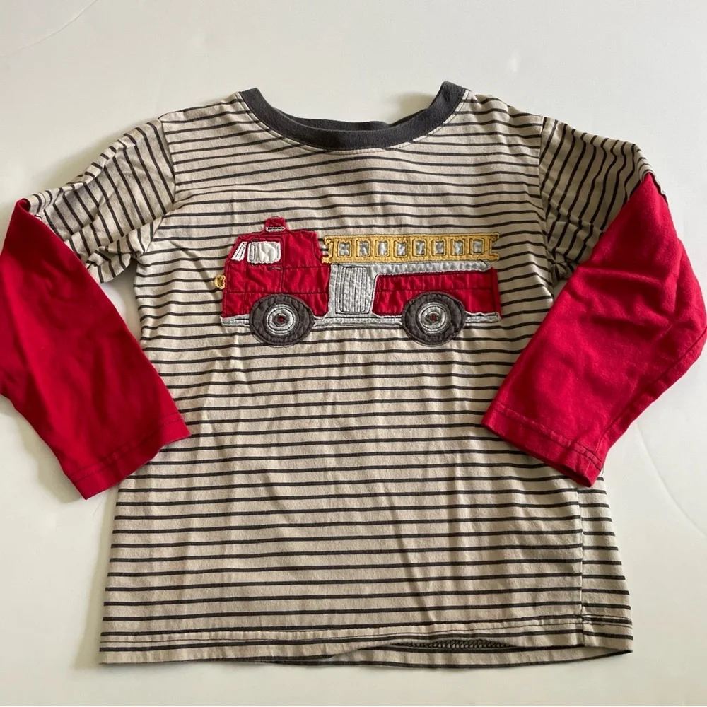 Kids Long Sleeve Striped Shirt with Fire Truck Design